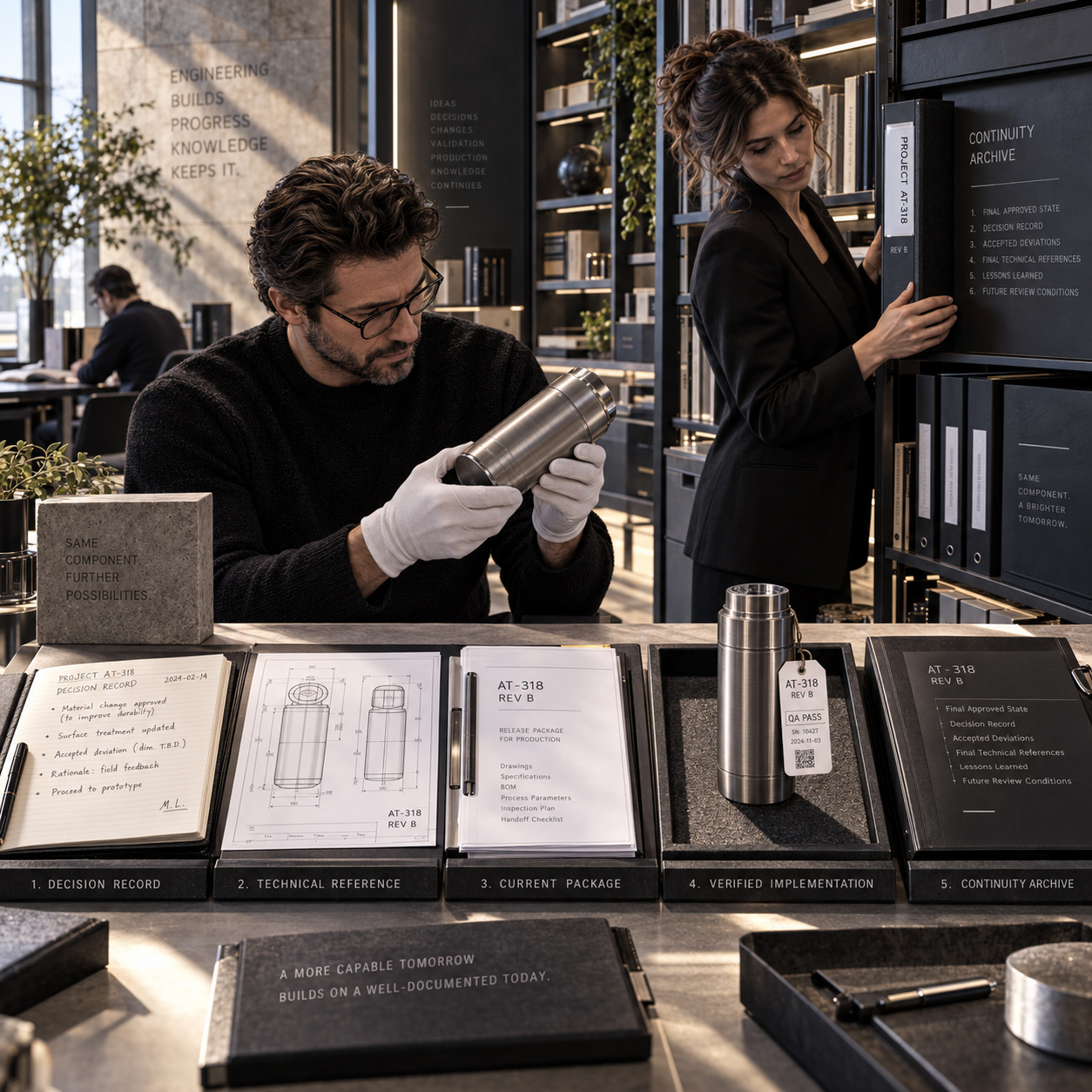 Technical consultants reviewing a verified manufactured component alongside decision records, technical references, release documentation, and a structured continuity archive.