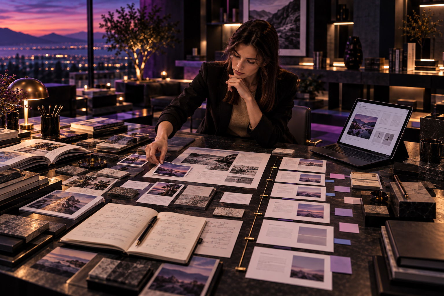 Editor reviewing photography, page layouts, notes, printed references, and digital content while organizing the sequence and hierarchy of a premium Journal article.