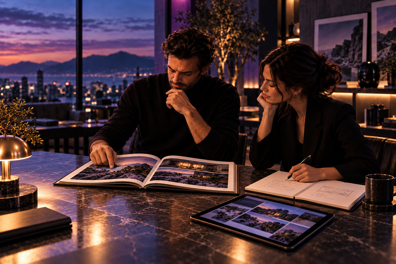 Creative team reviewing a premium editorial publication, project photography, handwritten notes, and digital image selections during the final visual narrative review.