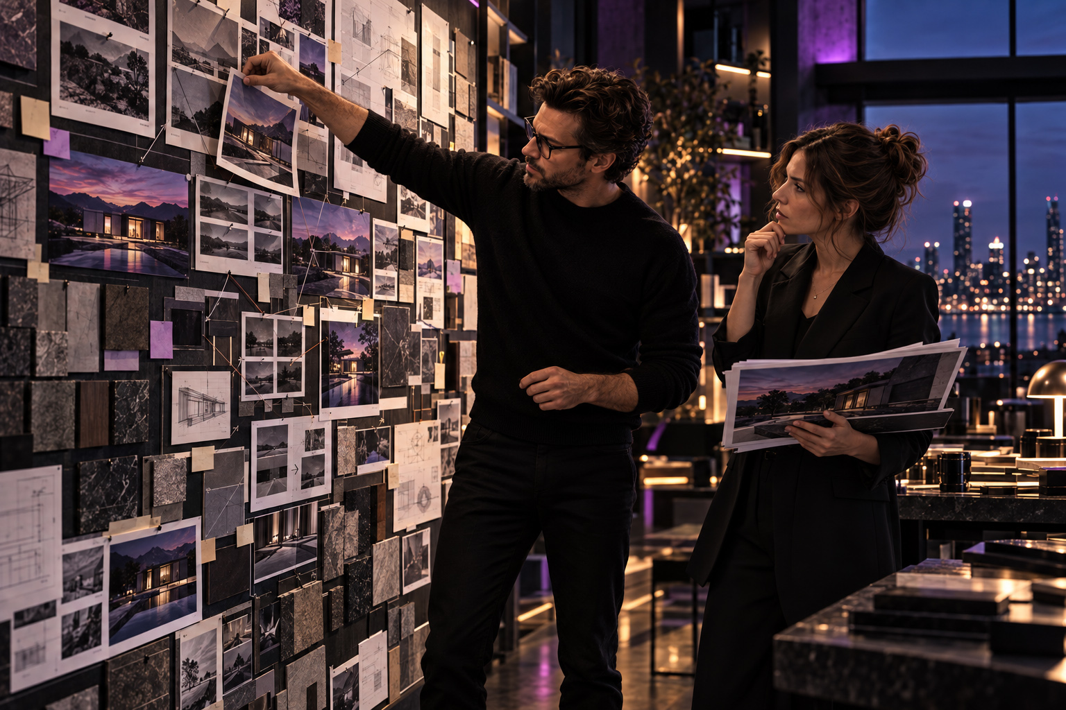 Creative team reviewing an editorial wall filled with photography, architectural studies, drawings, material references, and visual sequences while developing a cohesive story direction.