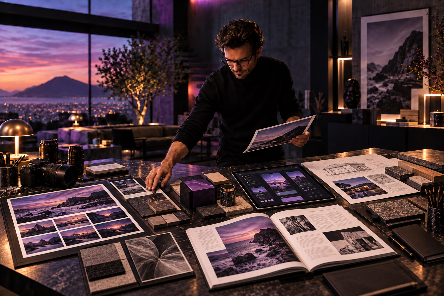 Creative director reviewing photography, material references, architectural drawings, print layouts, and digital content during an editorial research and visual curation process.