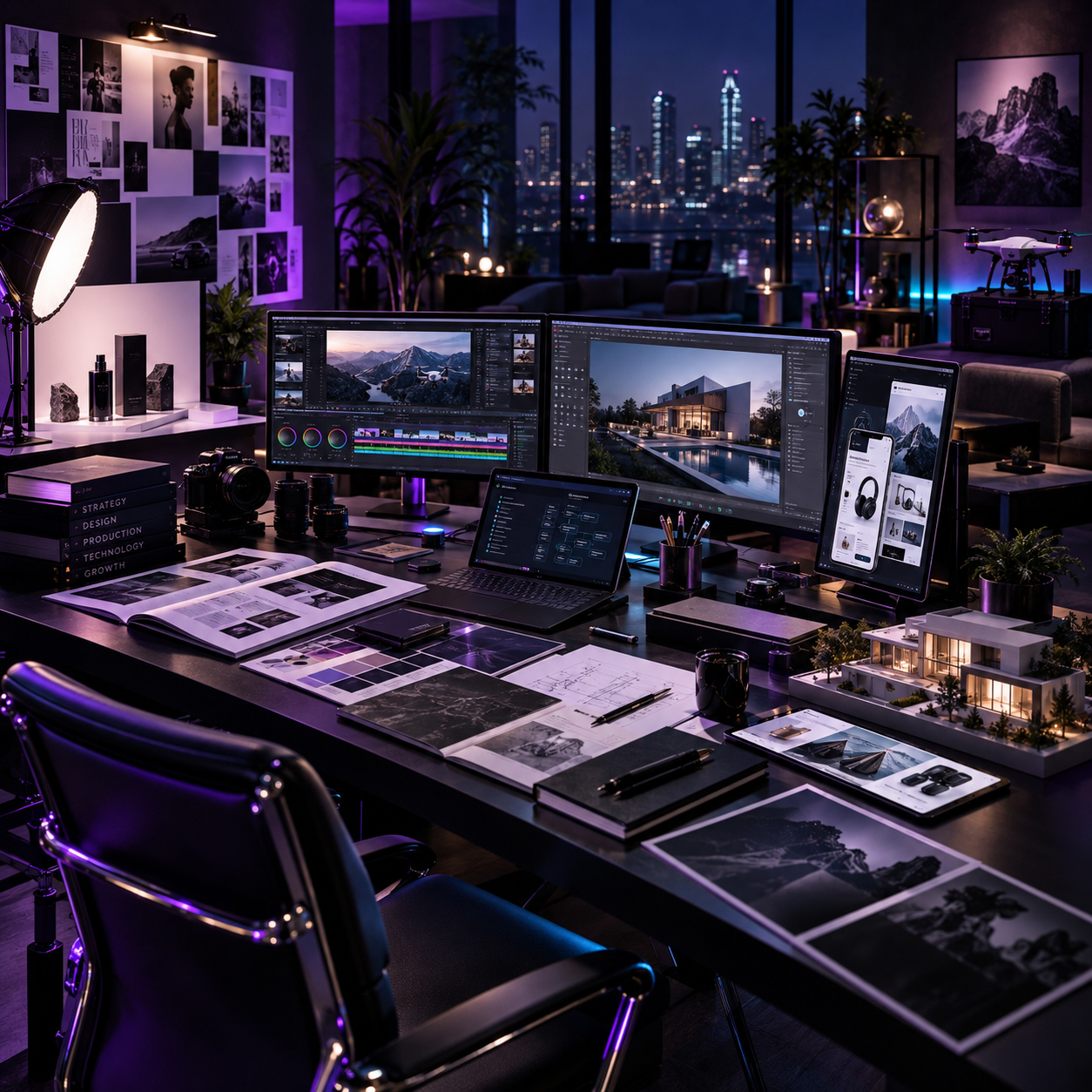 Premium multidisciplinary creative studio workspace presenting photography, videography, architecture, 3D visualization, graphic design, digital products, e-commerce, and strategic creative services.