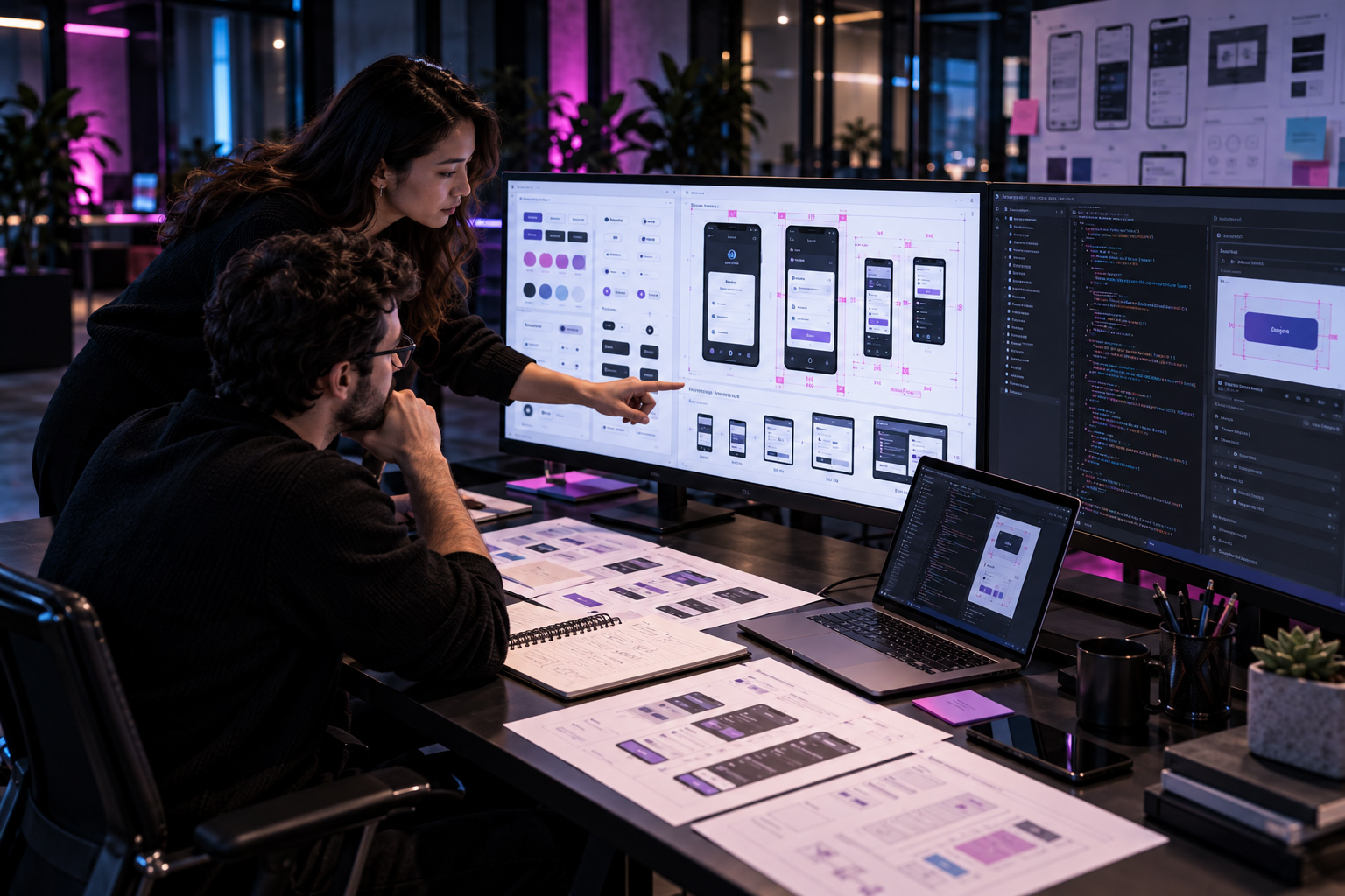 UI UX design team preparing developer handoff with component specifications, responsive mobile screens, design tokens, spacing rules, interface states, code references, and implementation documentation.