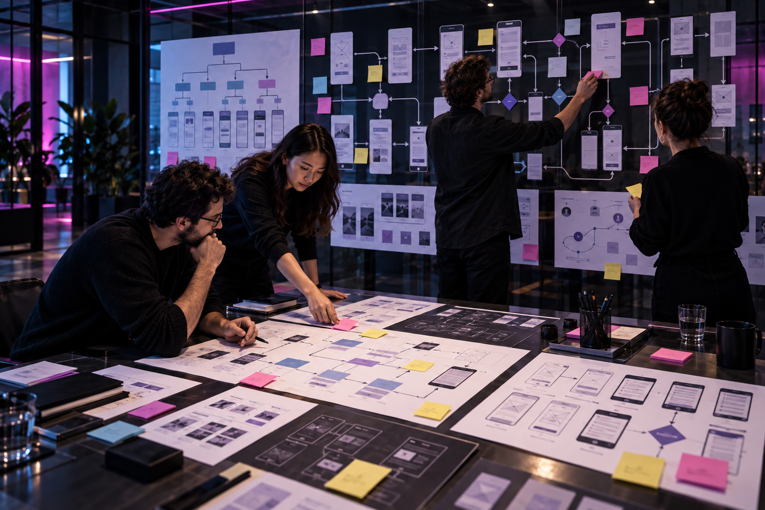 UI UX design team developing information architecture and user flows with mobile wireframes, navigation structures, flow diagrams, screen relationships, decision paths, and interface planning across a collaborative workspace.