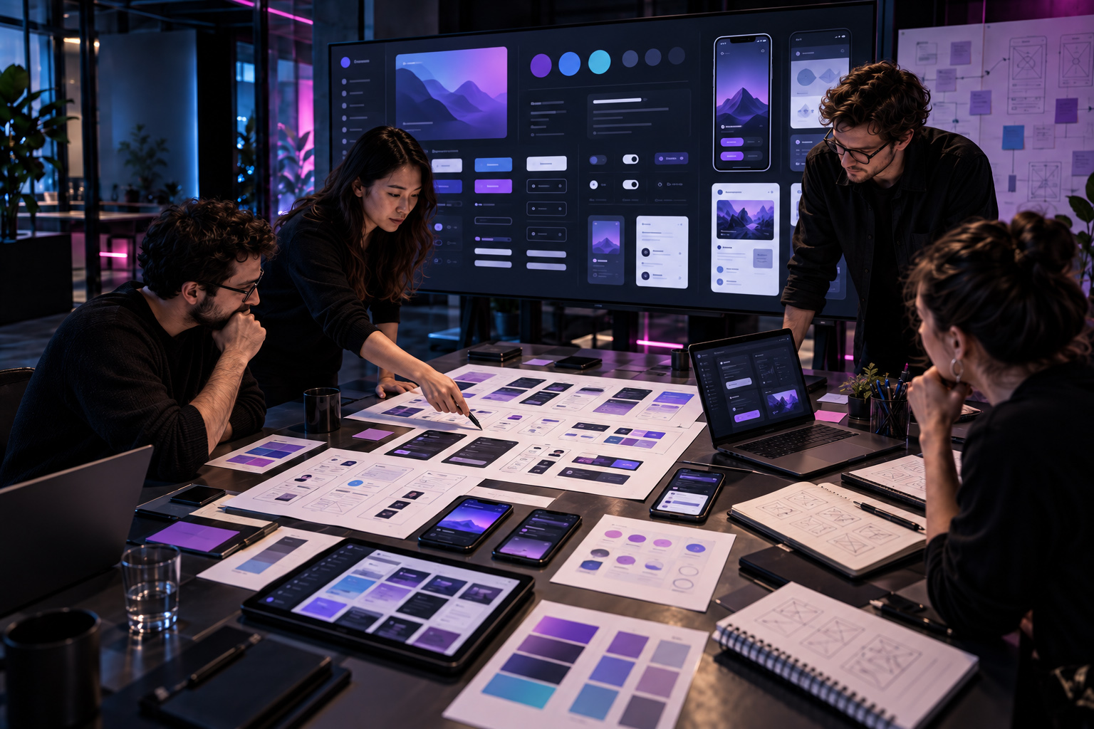 UI UX design team developing a scalable interface design system with reusable components, mobile screens, color tokens, buttons, form elements, navigation patterns, responsive layouts, and cross-device UI specifications.