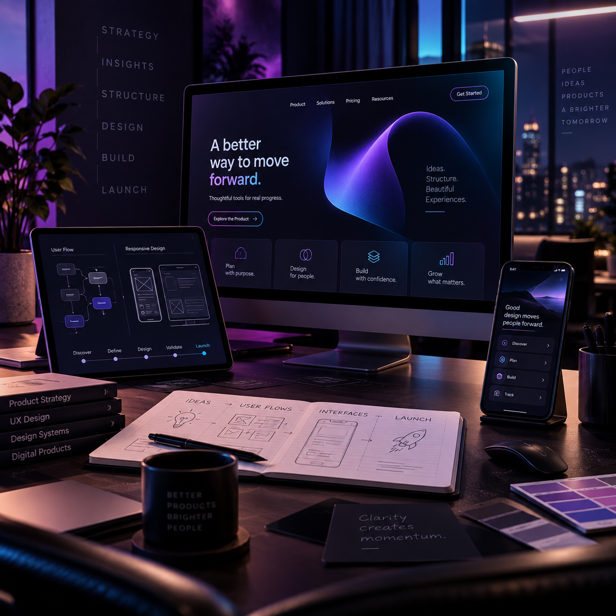 Professional mobile app and web design workspace showing desktop, tablet, and smartphone screens with UI/UX layouts, user flows, responsive design, and digital product strategy materials.