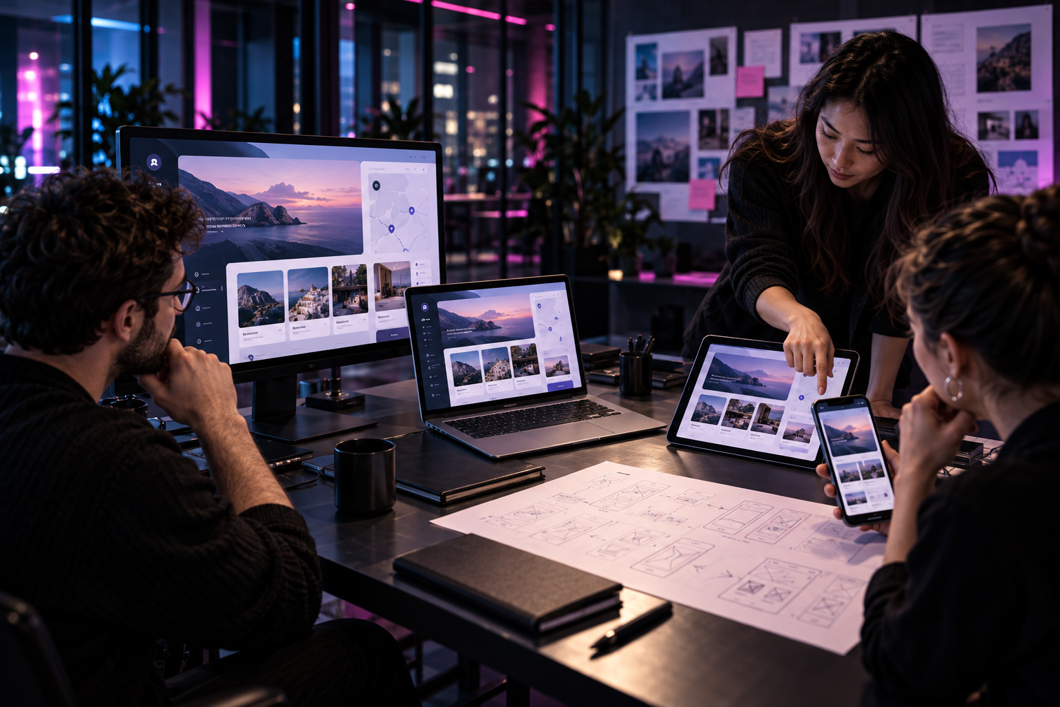 UI UX design team reviewing a responsive digital product across desktop, laptop, tablet, and mobile interfaces with shared layouts, navigation patterns, content cards, mapping features, and cross-device interaction.