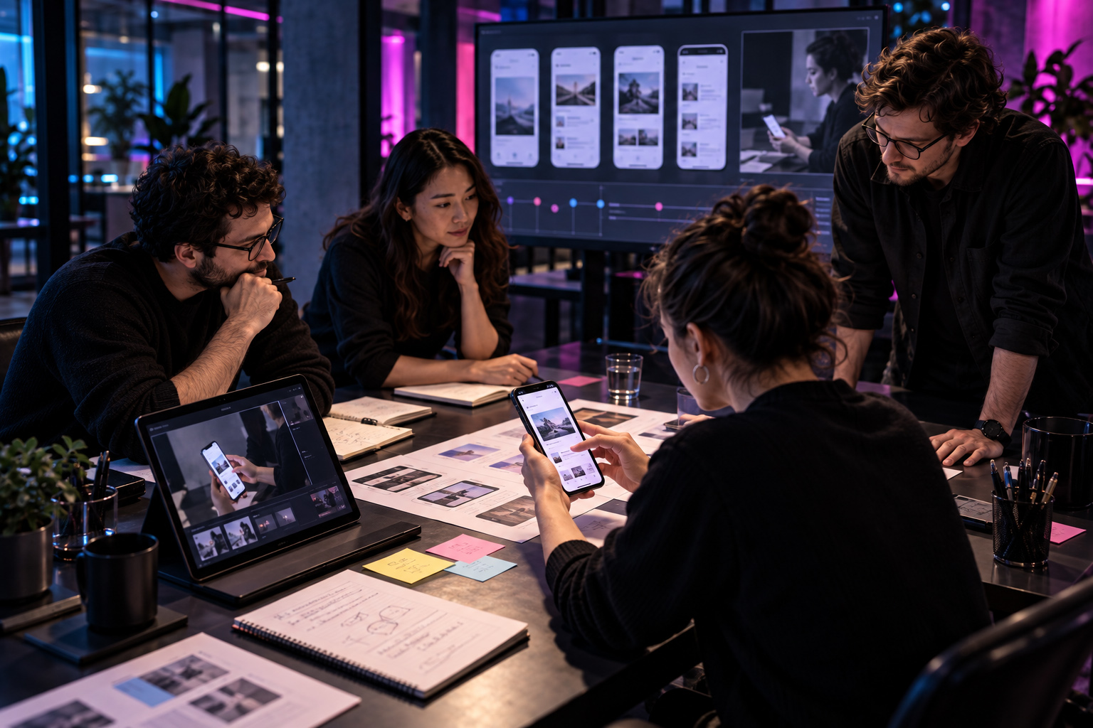 UI UX design team conducting usability review and mobile prototype testing with interactive screens, user behavior observations, feedback notes, testing documentation, and iterative interface refinements.