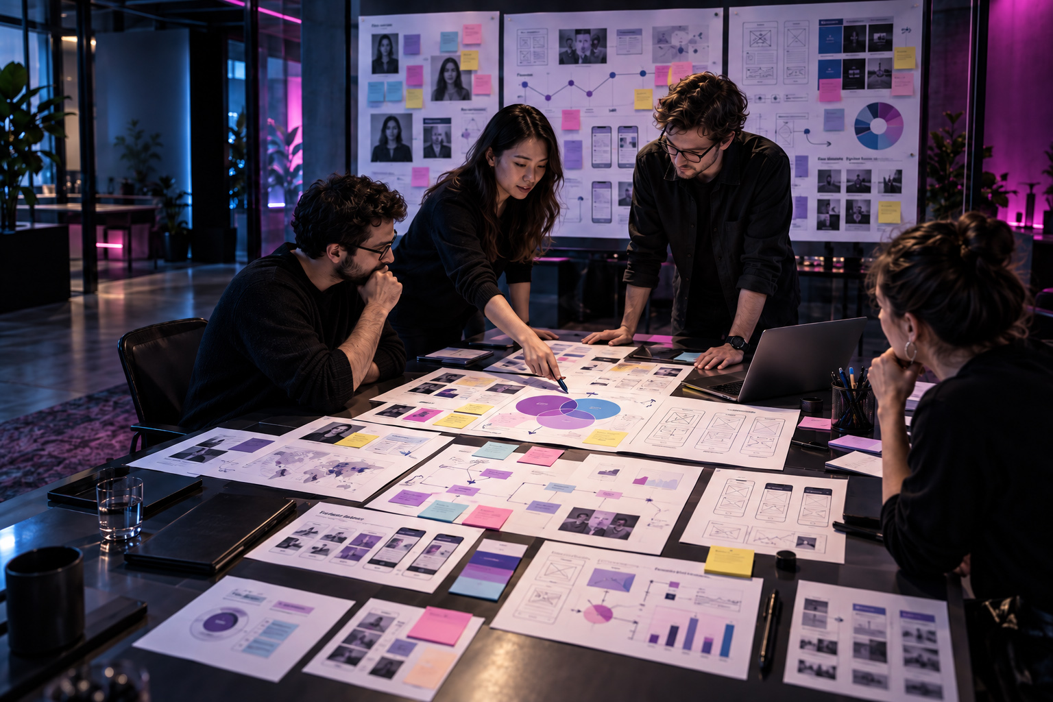 UX design team conducting digital product research and strategy workshop with user personas, journey maps, wireframes, user flows, analytics, sticky notes, and interface concepts.