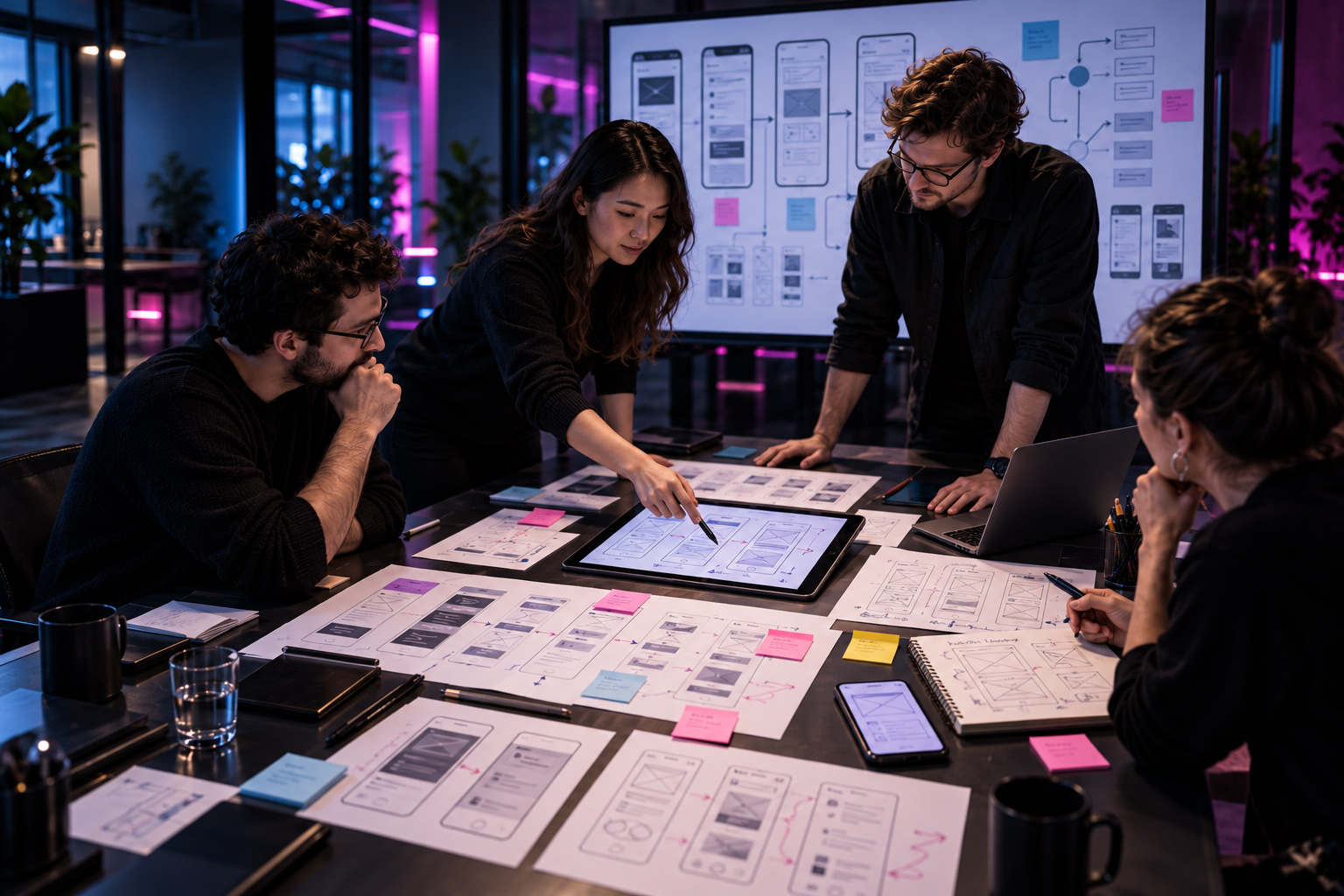 UI UX design team developing mobile wireframes, interactive prototypes, screen flows, interface states, navigation logic, and interaction architecture across collaborative digital product planning materials.