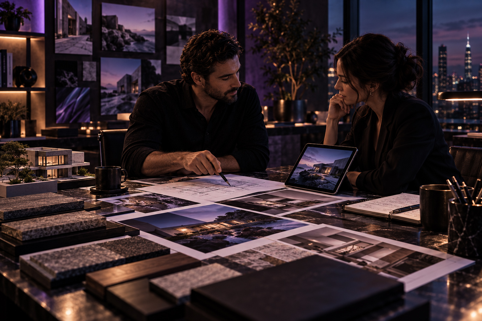 Two creatives discussing project direction over architectural drawings, printed visuals, material samples, and a digital presentation in a premium studio setting.