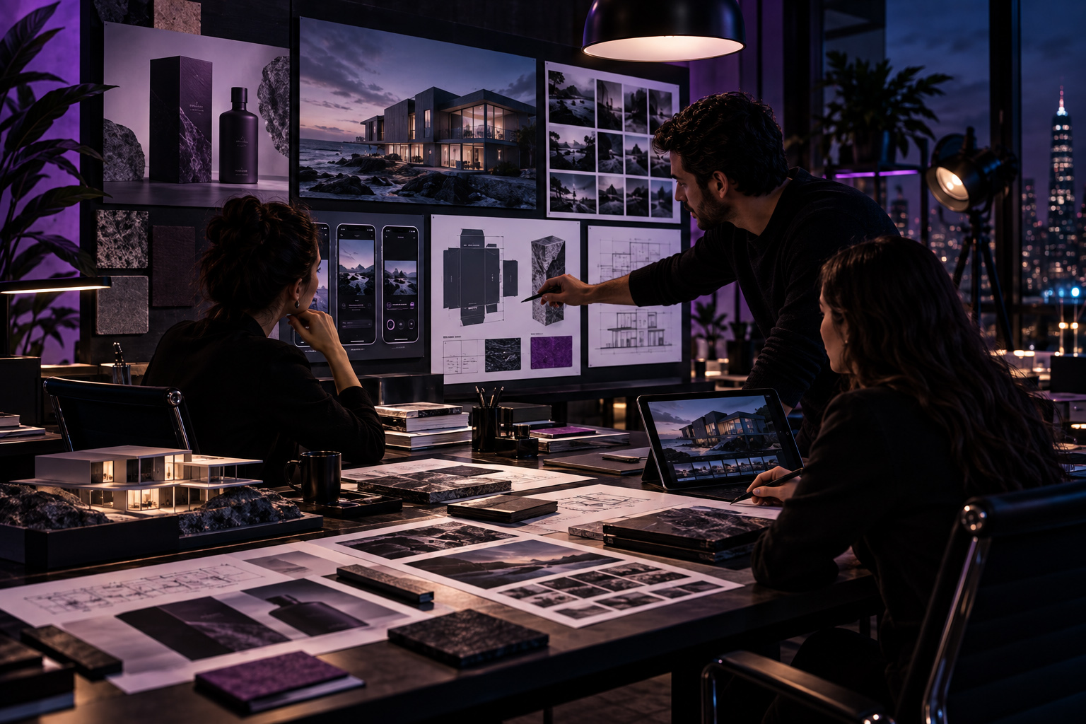 Creative team reviewing a concept development wall with architecture visuals, packaging studies, mobile interface screens, and material references.