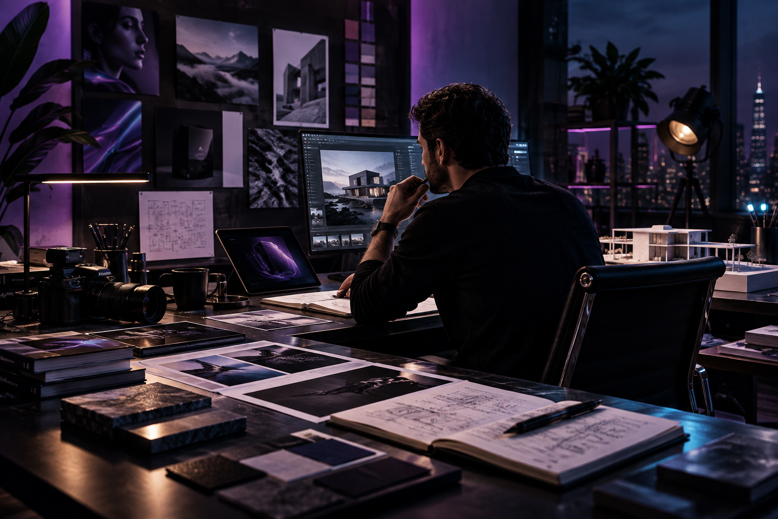 Creative director reviewing multidisciplinary design materials in a premium studio workspace with architecture visuals, product references, and digital screens.