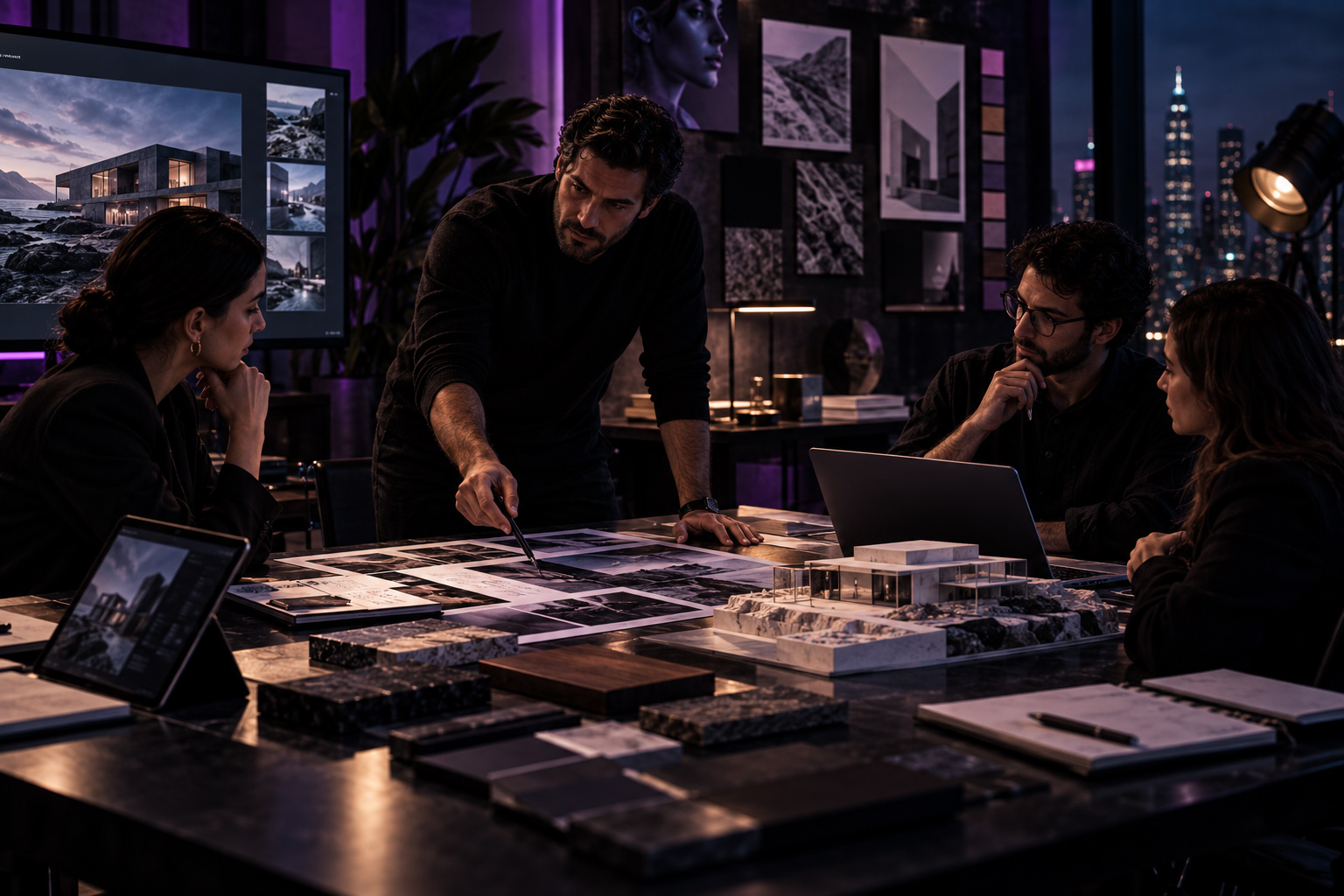 Creative team meeting around a table with visual references, architectural imagery, material samples, and a scale model in a premium studio interior.