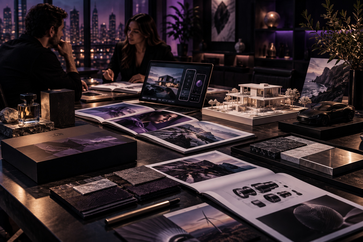Two creatives reviewing cross-disciplinary project materials including UI design, architecture references, product imagery, and a scale model.