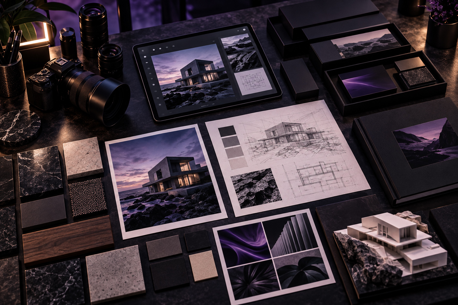 Editorial flat lay of design materials including camera equipment, a tablet, printed architecture visuals, packaging elements, color references, and a scale model.