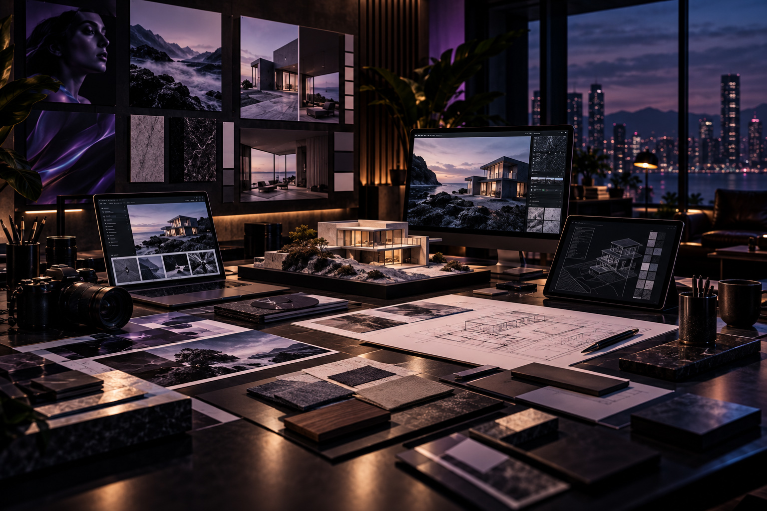 Premium studio composition with laptop, monitor, architectural model, printed visuals, photography tools, and material samples arranged as a multidisciplinary design system.