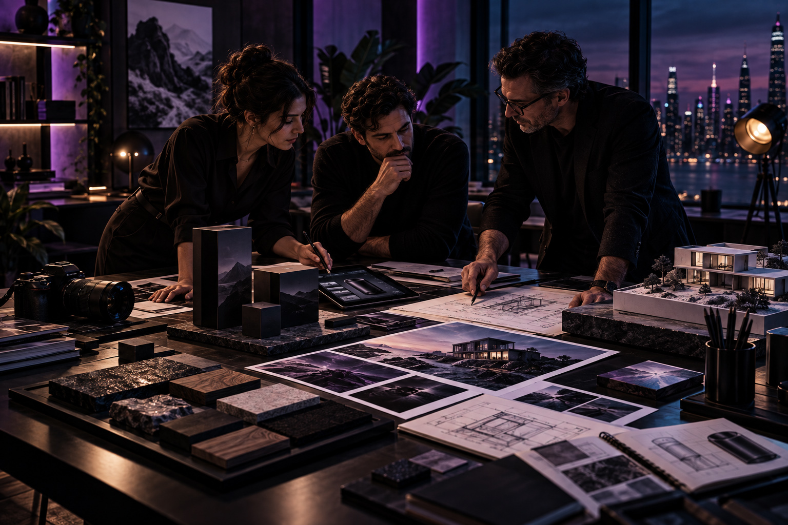 Creative team collaborating around a table with architectural plans, product packaging, visual references, and a scale model in a premium studio.