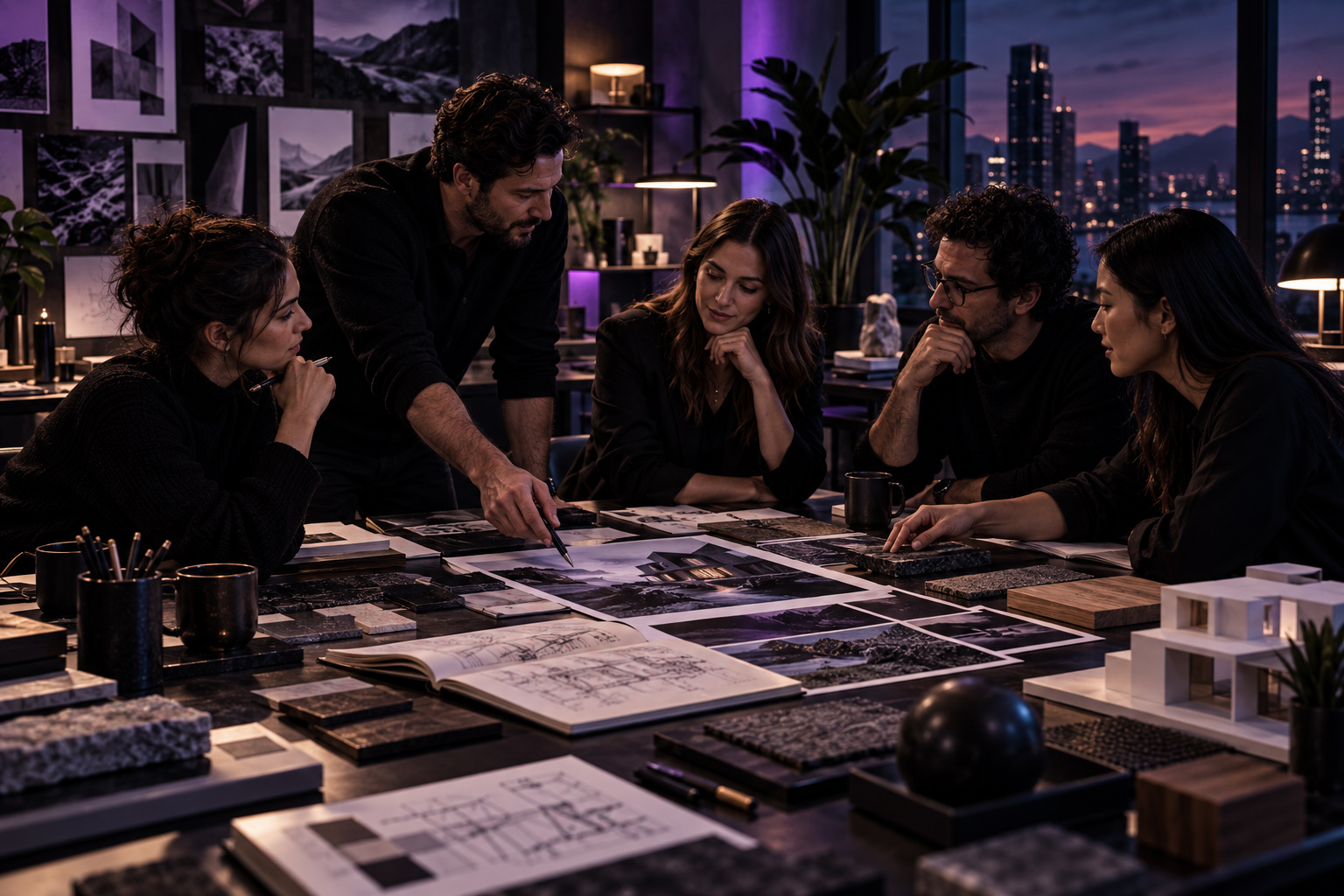 Creative team gathered around a table reviewing design references, project visuals, material samples, and architectural concepts in a purple-lit studio.