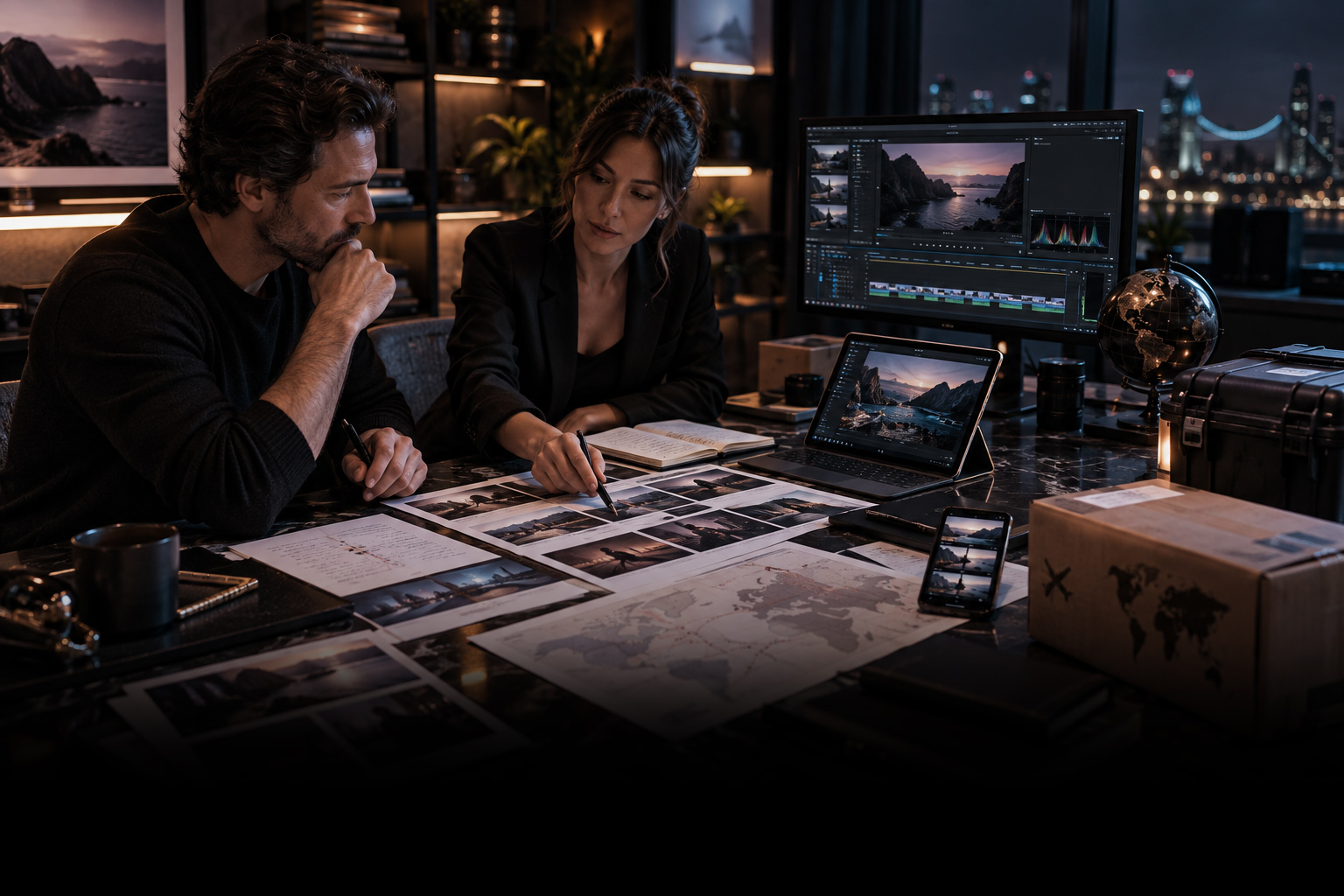 Creative videography team reviewing cinematic footage, shot selections, production notes, and international filming plans in a professional studio