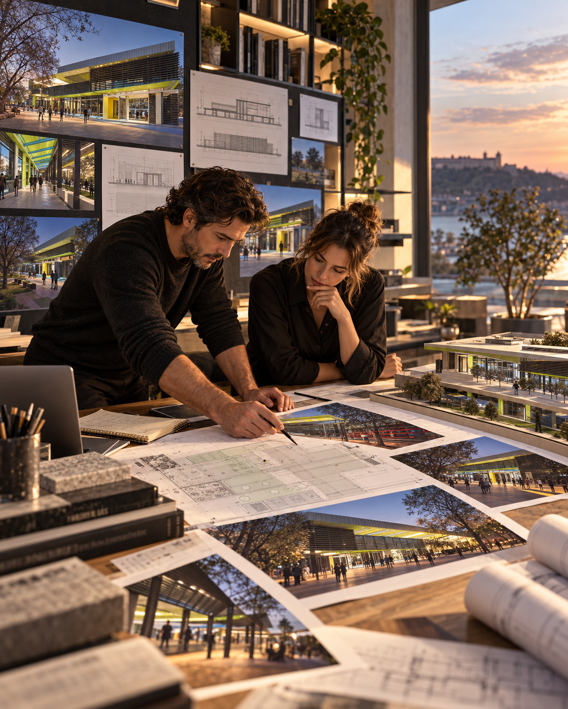 Architectural team reviewing Petrovaradin Railway Station plans, elevations, project photographs, façade details, and a physical model in a studio during a focused design analysis session.