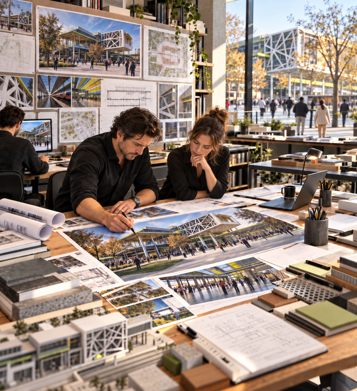 Architectural team reviewing Petrovaradin Railway Station photographs, plans, façade studies, material samples, and physical models in a studio overlooking the completed public space.