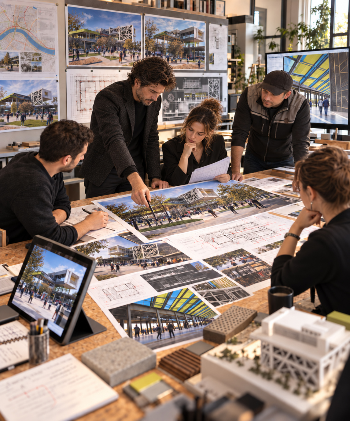 Architecture team reviewing Petrovaradin Railway Station plans, elevations, material samples, project photographs, and spatial studies during a collaborative design coordination session.