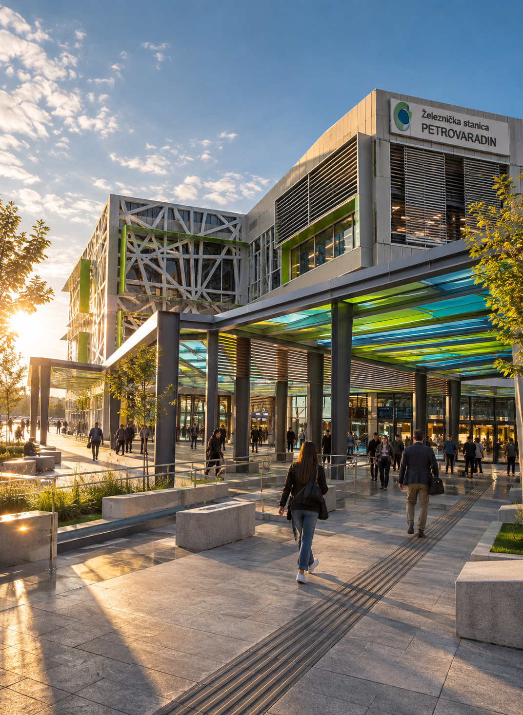 Petrovaradin Railway Station entrance with covered pedestrian access, tactile guidance paving, landscaped public space, seating, and passengers moving through the arrival zone in warm daylight.