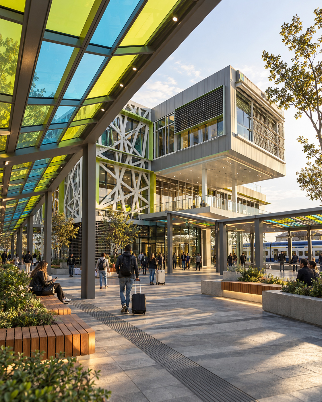 Petrovaradin Railway Station with colored glazed canopies, accessible pedestrian routes, landscaped seating, expressive façade structure, and passengers moving through the public realm.