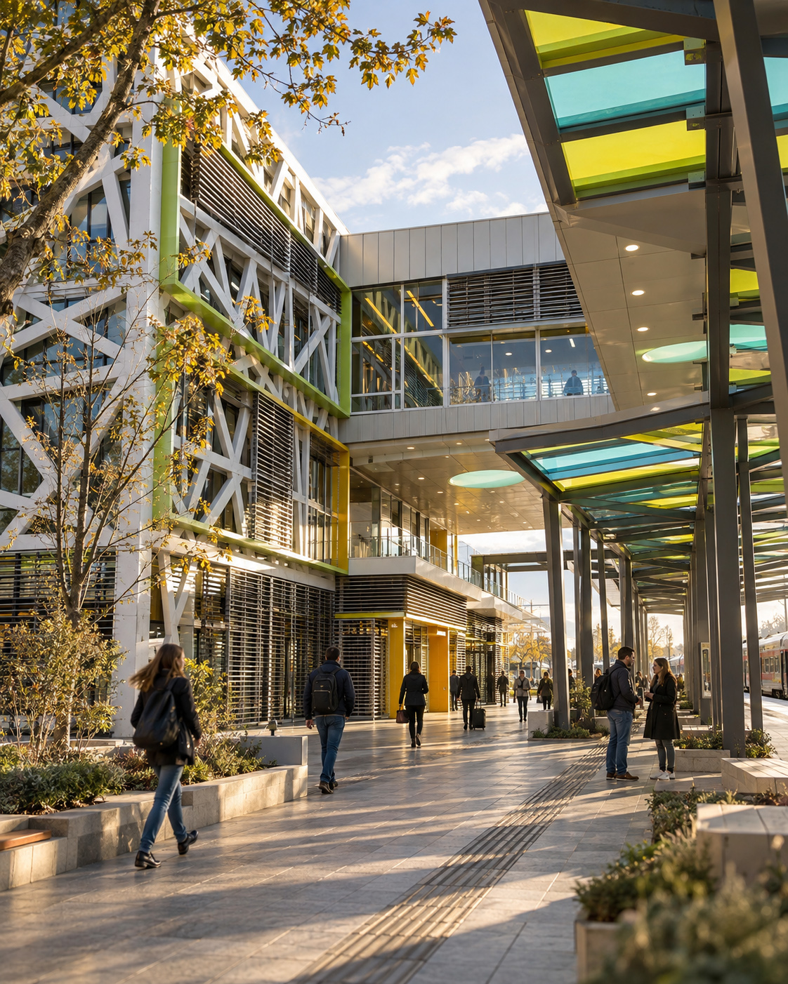 Petrovaradin Railway Station covered pedestrian walkway with colored glass canopy, landscaped edges, tactile guidance paving, and passengers moving through the station in natural daylight.
