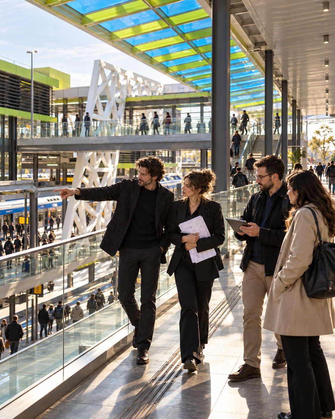 Architectural team reviewing circulation, platform access, structure, and passenger movement from an elevated walkway inside Petrovaradin Railway Station.