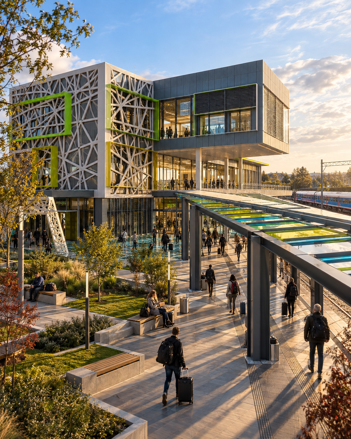 Elevated view of Petrovaradin Railway Station showing landscaped public space, covered platform access, tactile guidance, seating, and passengers moving through multiple circulation zones.