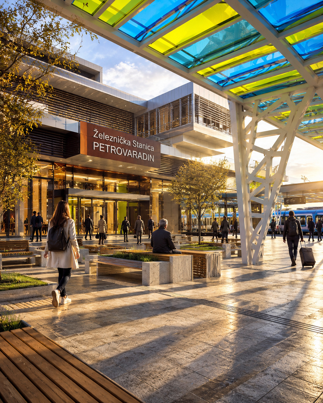 Petrovaradin Railway Station entrance with a colorful glazed canopy, landscaped seating, pedestrian routes, and passengers moving between the station building and train platforms.