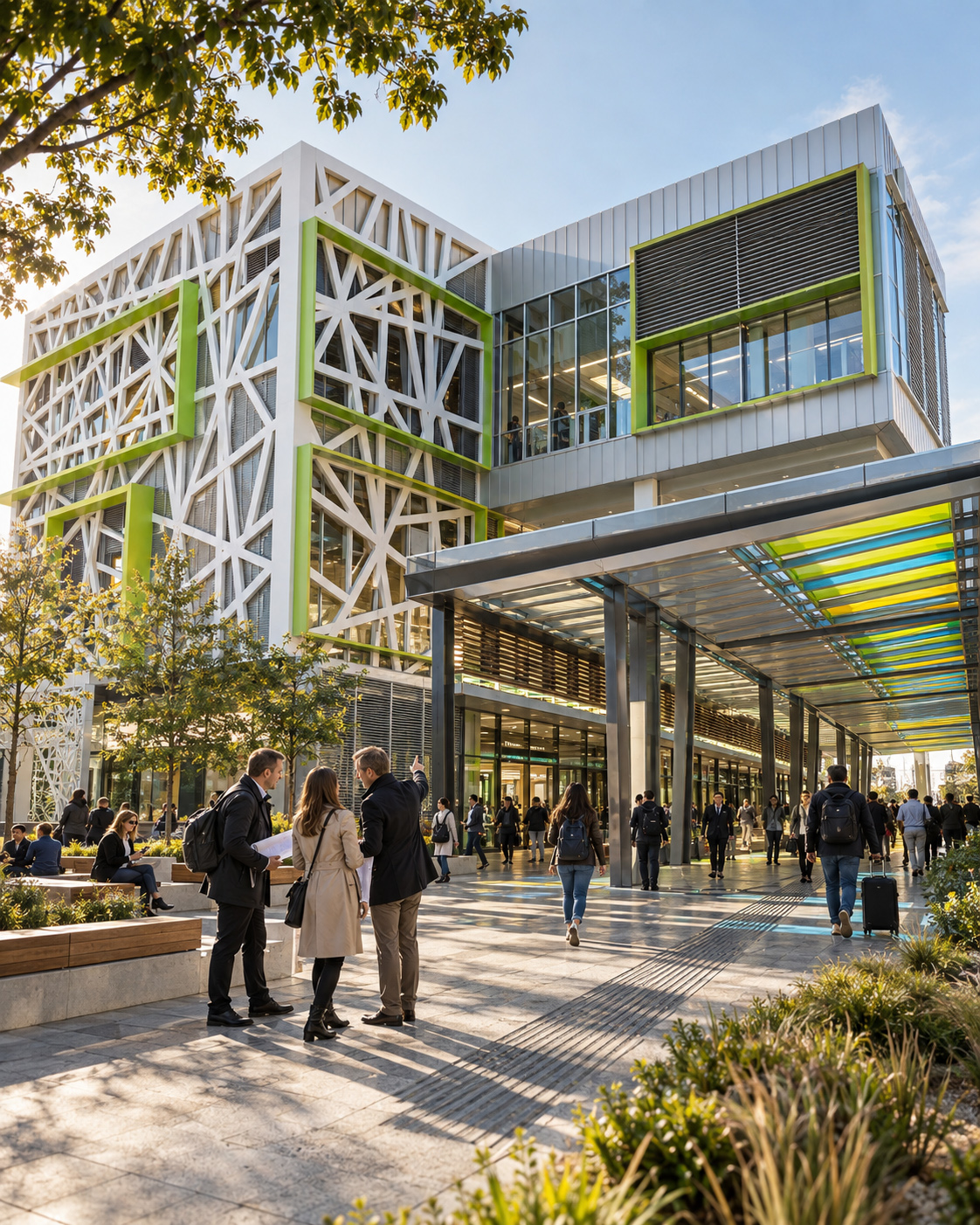 Petrovaradin Railway Station exterior with expressive structural façade, green accent frames, covered pedestrian circulation, landscaped seating, and passengers moving through the public realm.