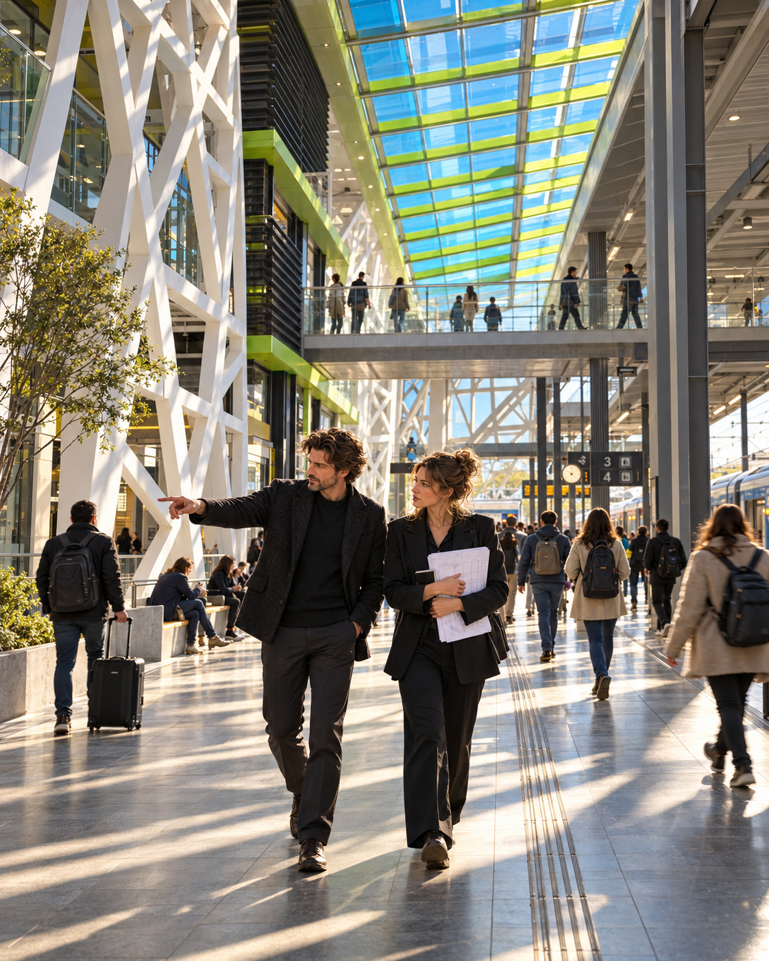 Architectural team walking through the interior circulation zone of Petrovaradin Railway Station beneath a colored glass canopy, surrounded by passengers, tactile paving, structural elements, and active platform movement.