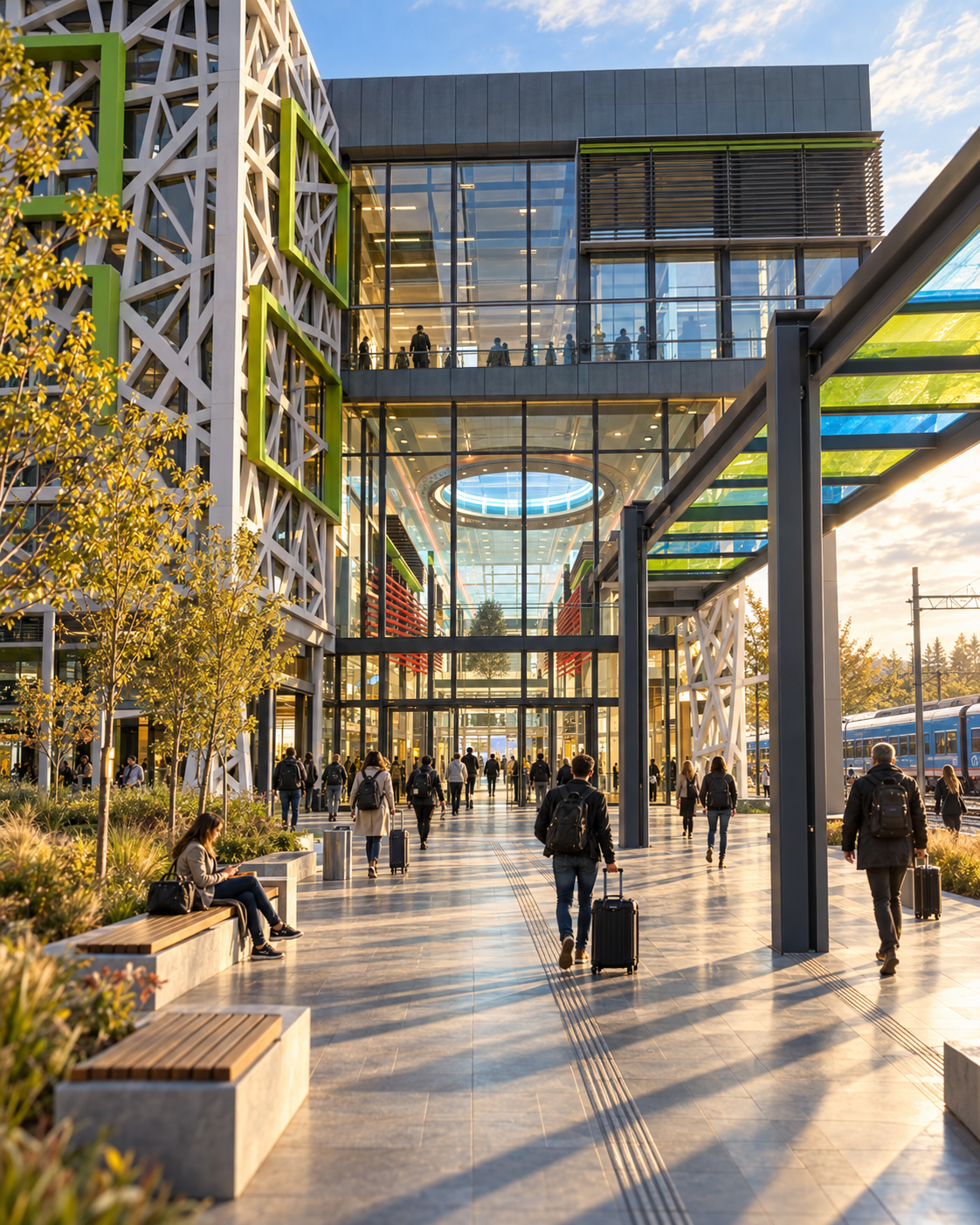 Main pedestrian axis toward Petrovaradin Railway Station with tactile paving, landscaped seating, glazed entrance hall, colored canopy structure, and passengers approaching the building.