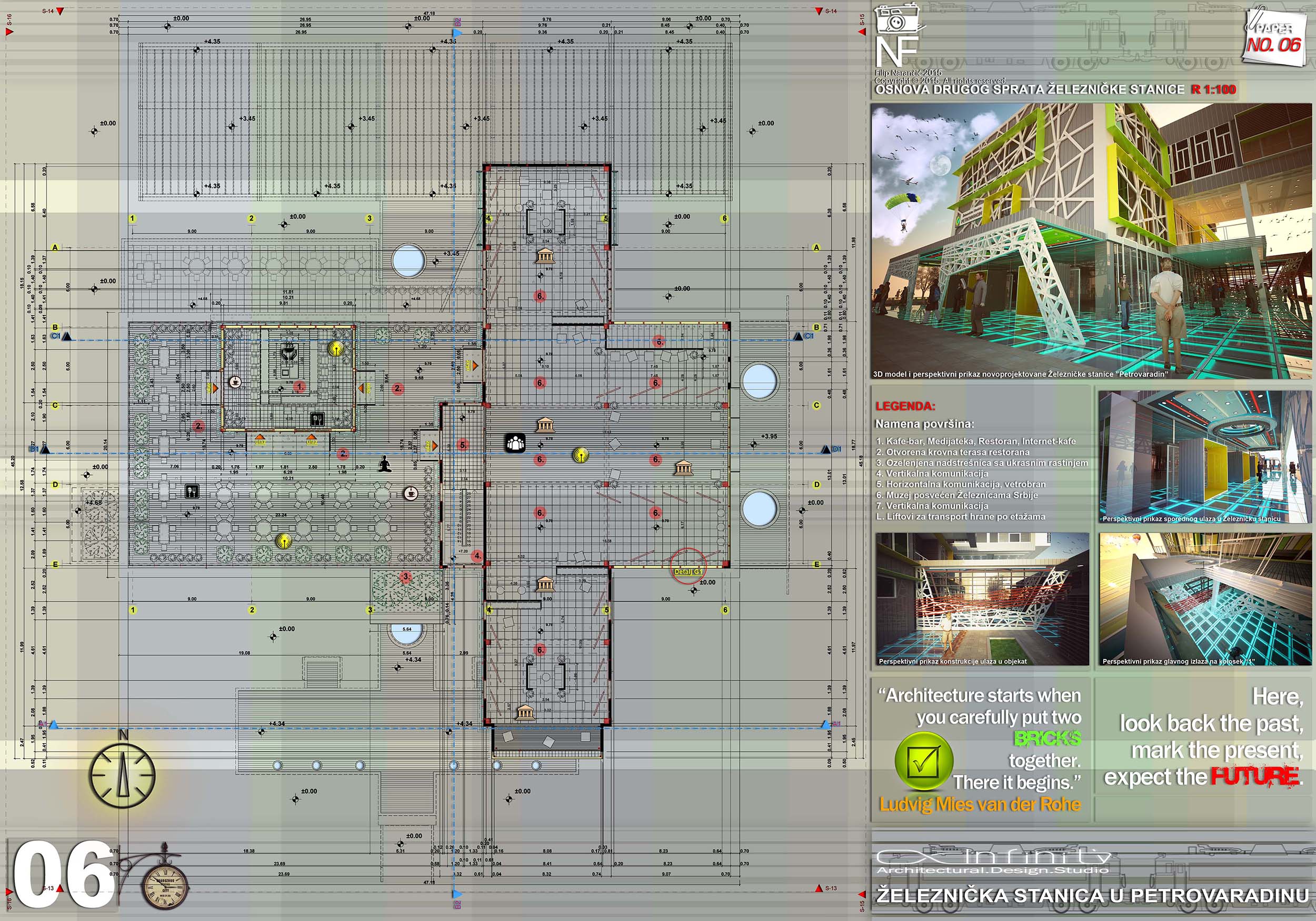 Second-floor architectural plan of Petrovaradin Railway Station showing functional zoning, circulation, terraces, vertical connections, landscaped areas, and supporting perspective visualizations.