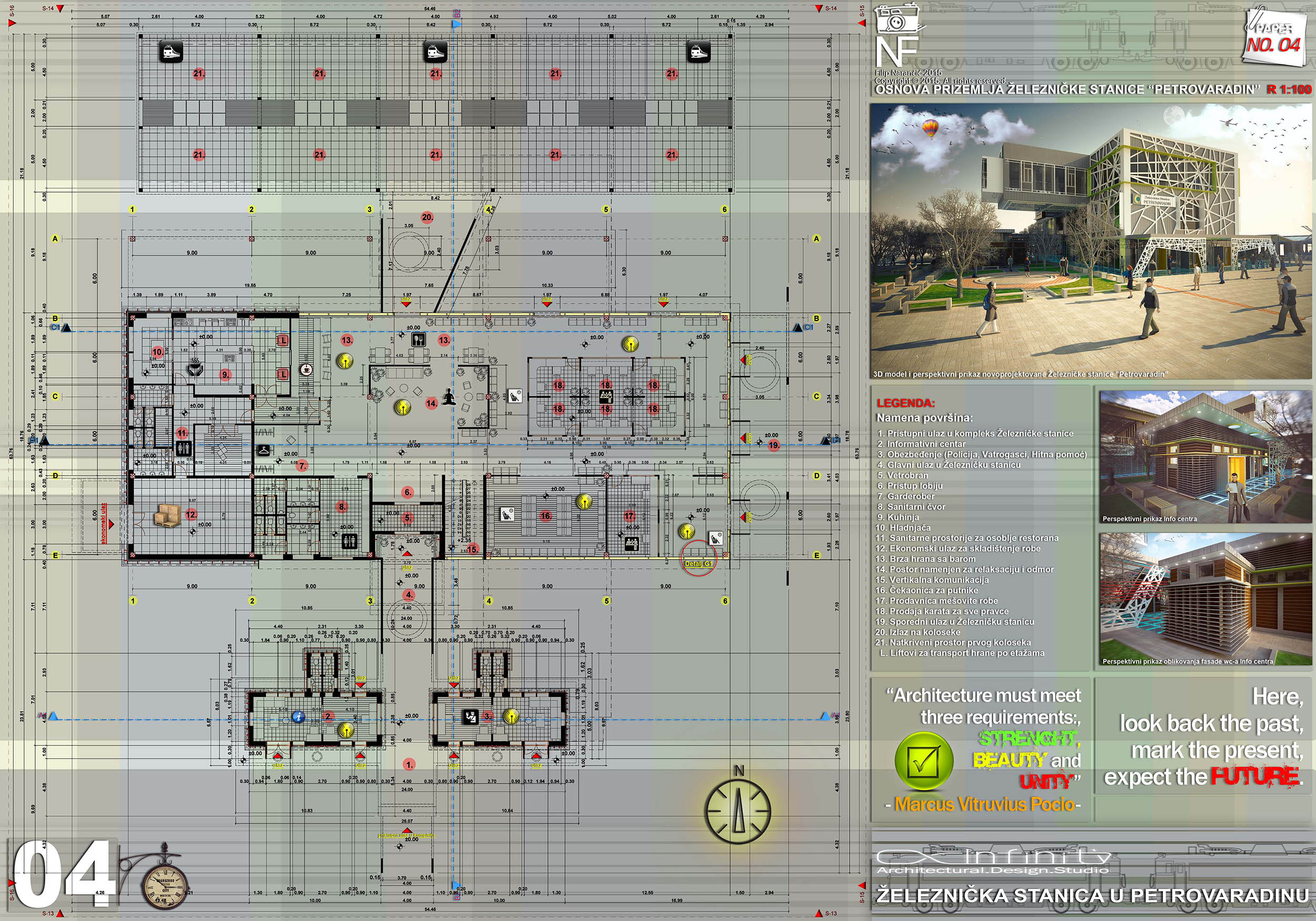 Architectural presentation board for Petrovaradin Railway Station showing the site plan, ground-floor organization, landscape design, circulation routes, material references, existing conditions, and wider urban context.
