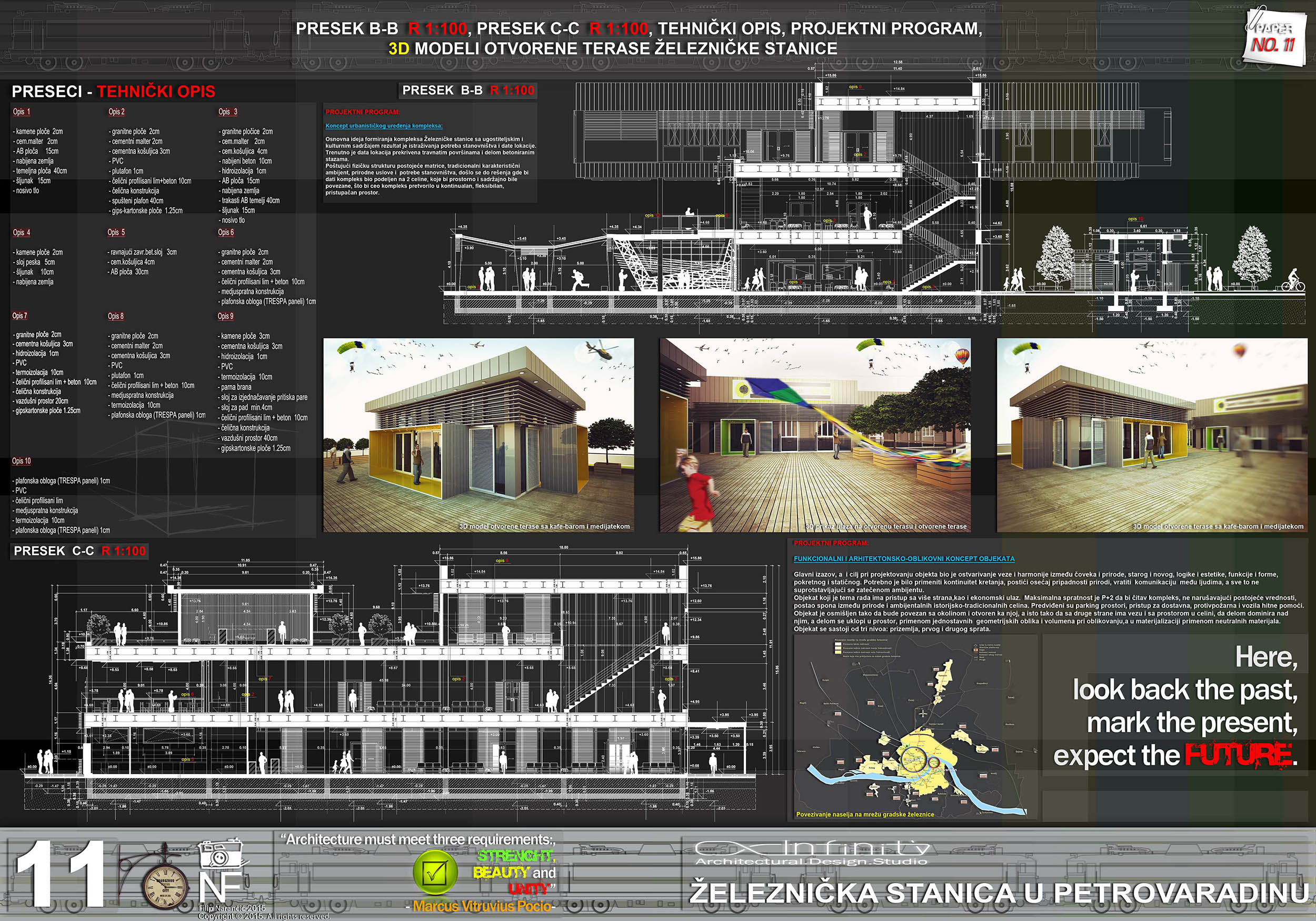 Architectural presentation board for Petrovaradin Railway Station showing technical sections, construction notes, project program, spatial relationships, and 3D visualizations of the open terrace areas.