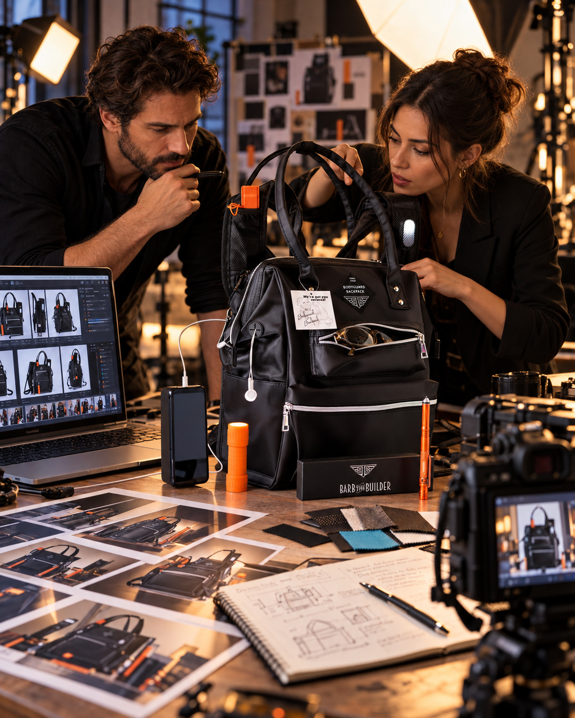 Creative team reviewing and refining a Barb the Builder backpack during a professional product photography planning session with visual references, sketches, studio lighting, and camera equipment.