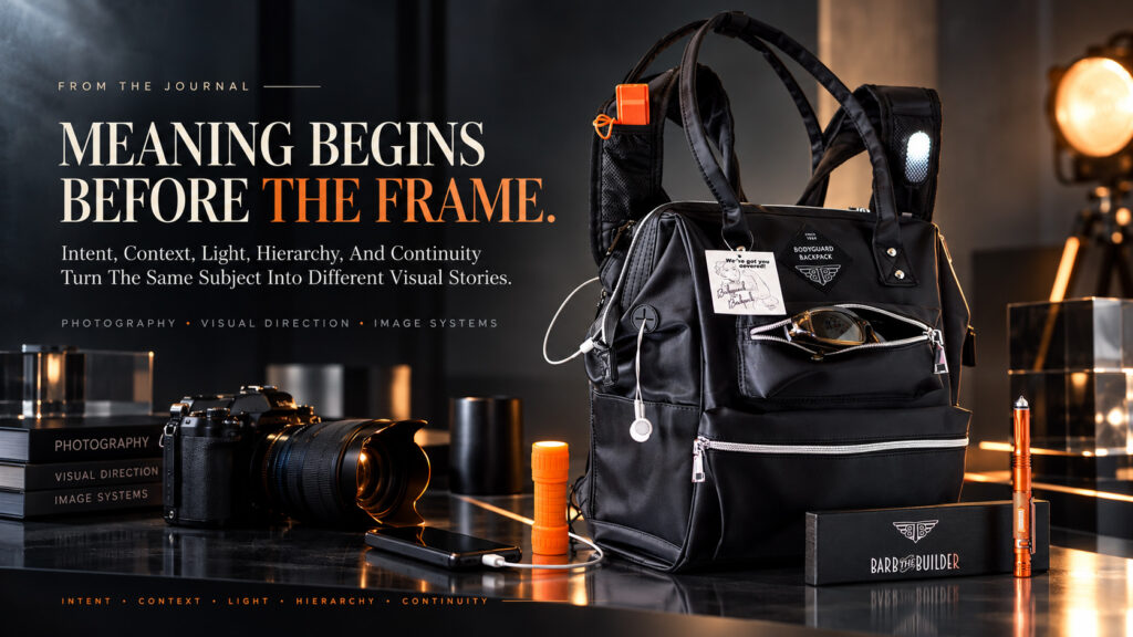 Black Barb the Builder backpack arranged for professional product photography beside a camera, accessories, and controlled studio lighting in a dark editorial setting.