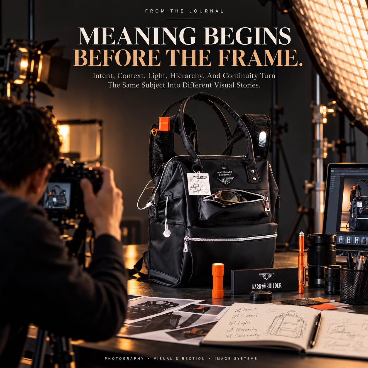 Professional product photographer photographing a black Barb the Builder backpack in a controlled studio setup with lighting equipment, camera gear, image references, and visual planning notes.