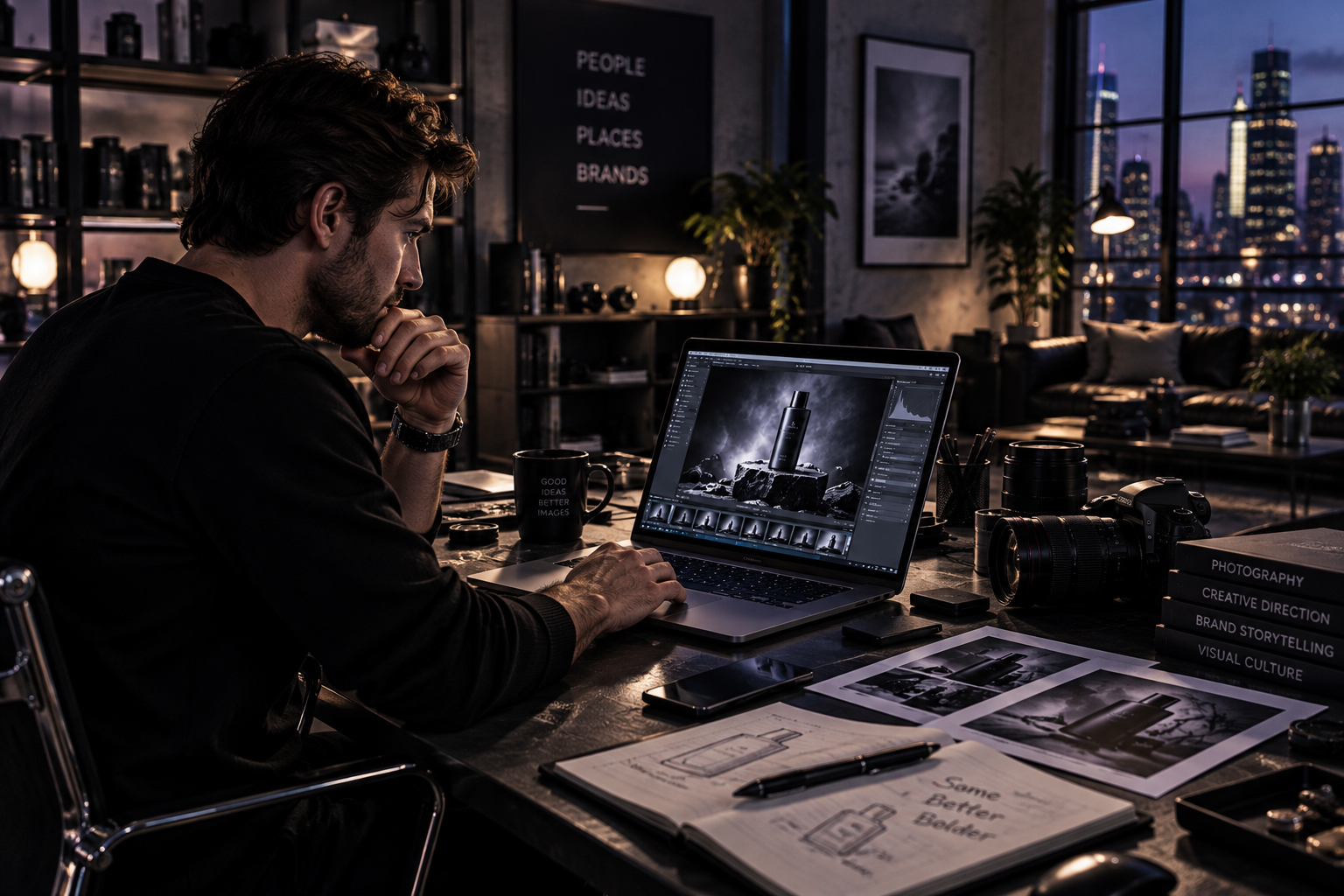 Professional photographer reviewing and refining commercial product images on a laptop in a creative studio with camera equipment, printed contact sheets, visual notes, and city lights in the background.