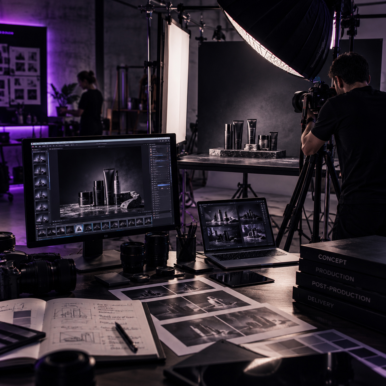 Professional commercial product photography studio showing a photographer capturing a cosmetic product set while images are reviewed on desktop and laptop screens with lenses, contact sheets, and production notes nearby.