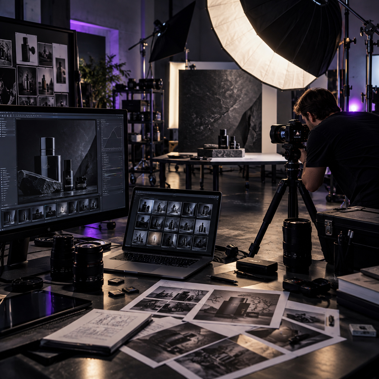 Professional product photography studio with photographer, camera, lighting equipment, product set, editing monitors, lenses, contact sheets, and production notes.