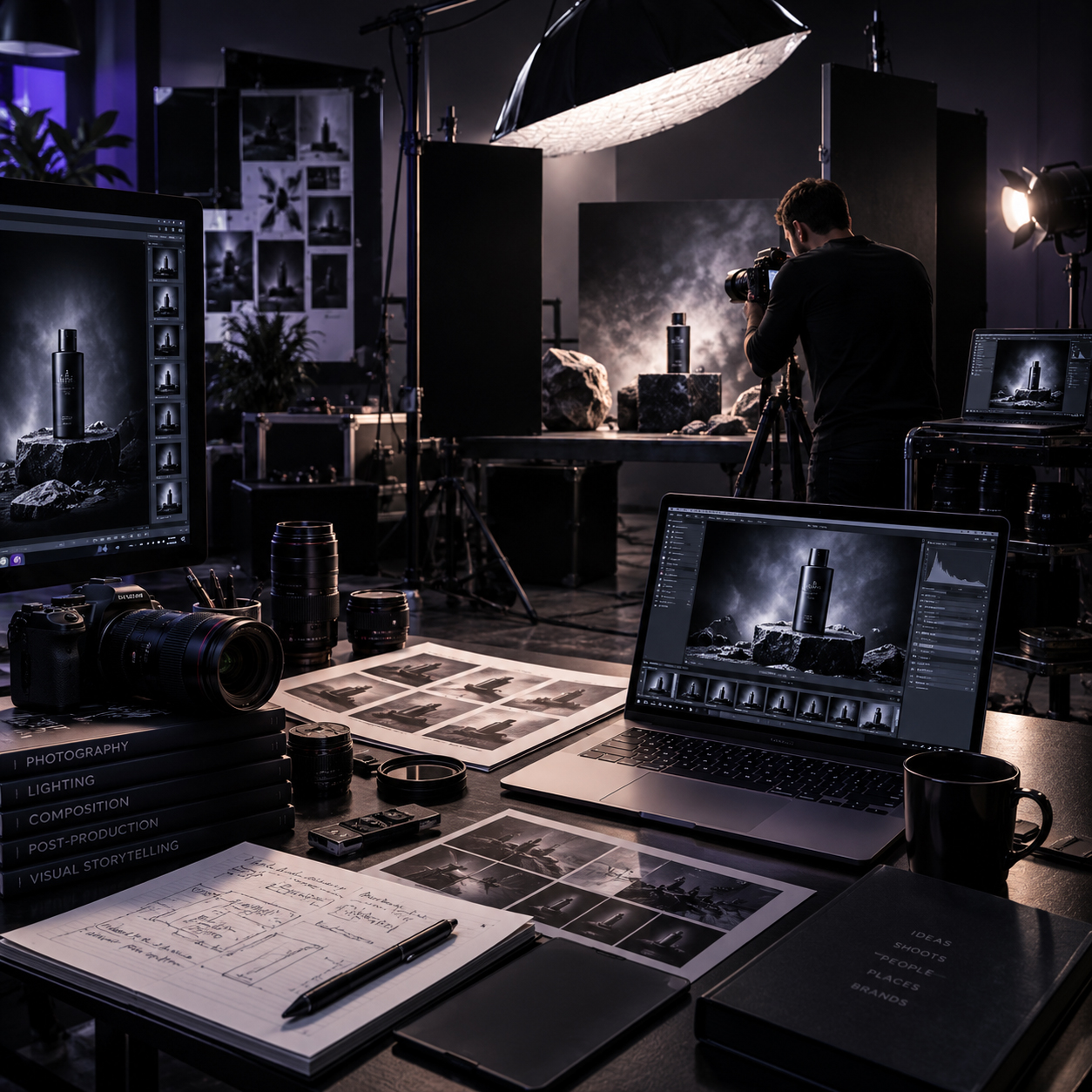Professional product photography studio showing a photographer capturing a premium cosmetic product while multiple screens display image selections, edits, and final compositions alongside cameras, lenses, contact sheets, and creative notes.