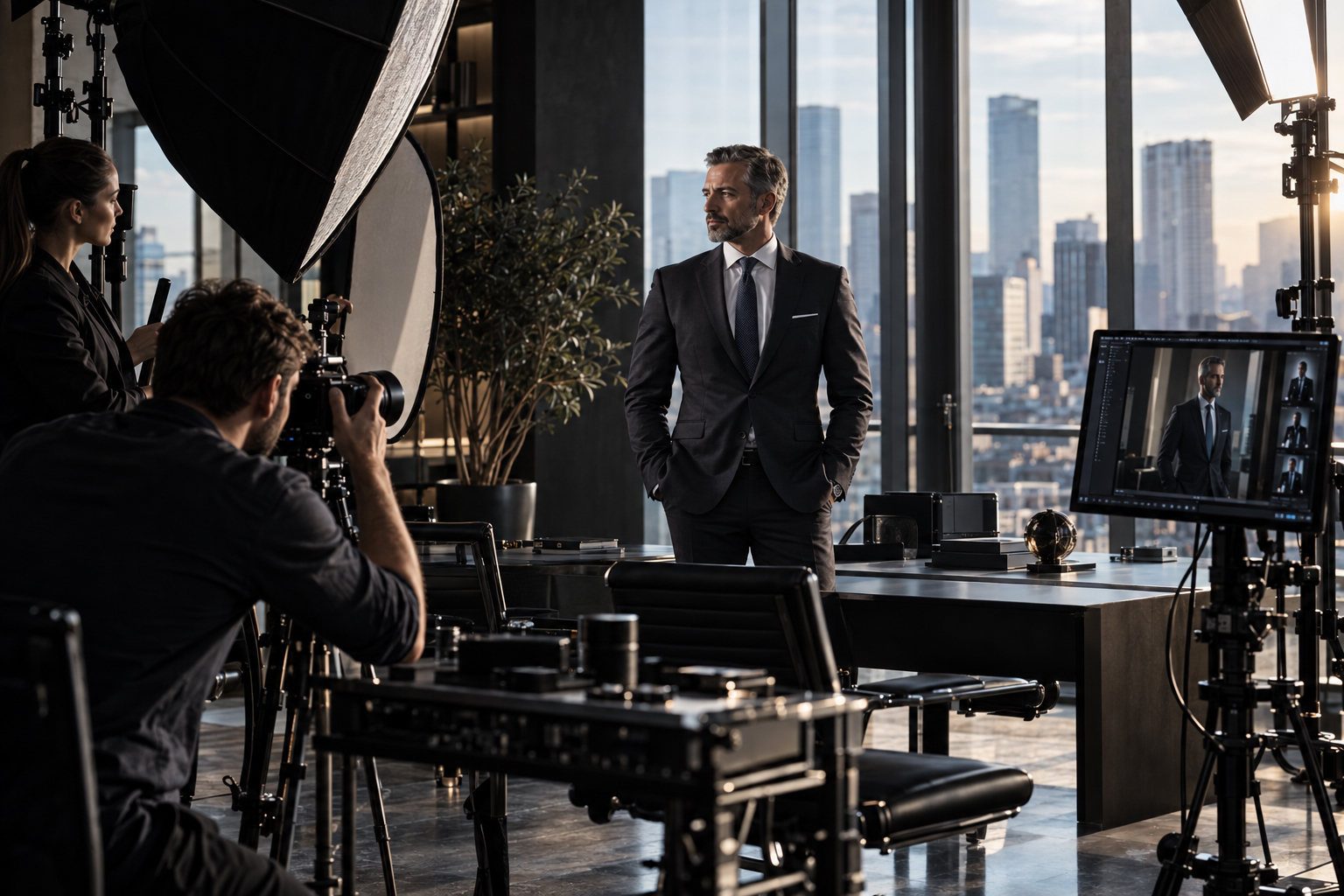 Professional corporate portrait photography showing a business executive in a modern office while a photographer and assistant work with controlled lighting and live image review.