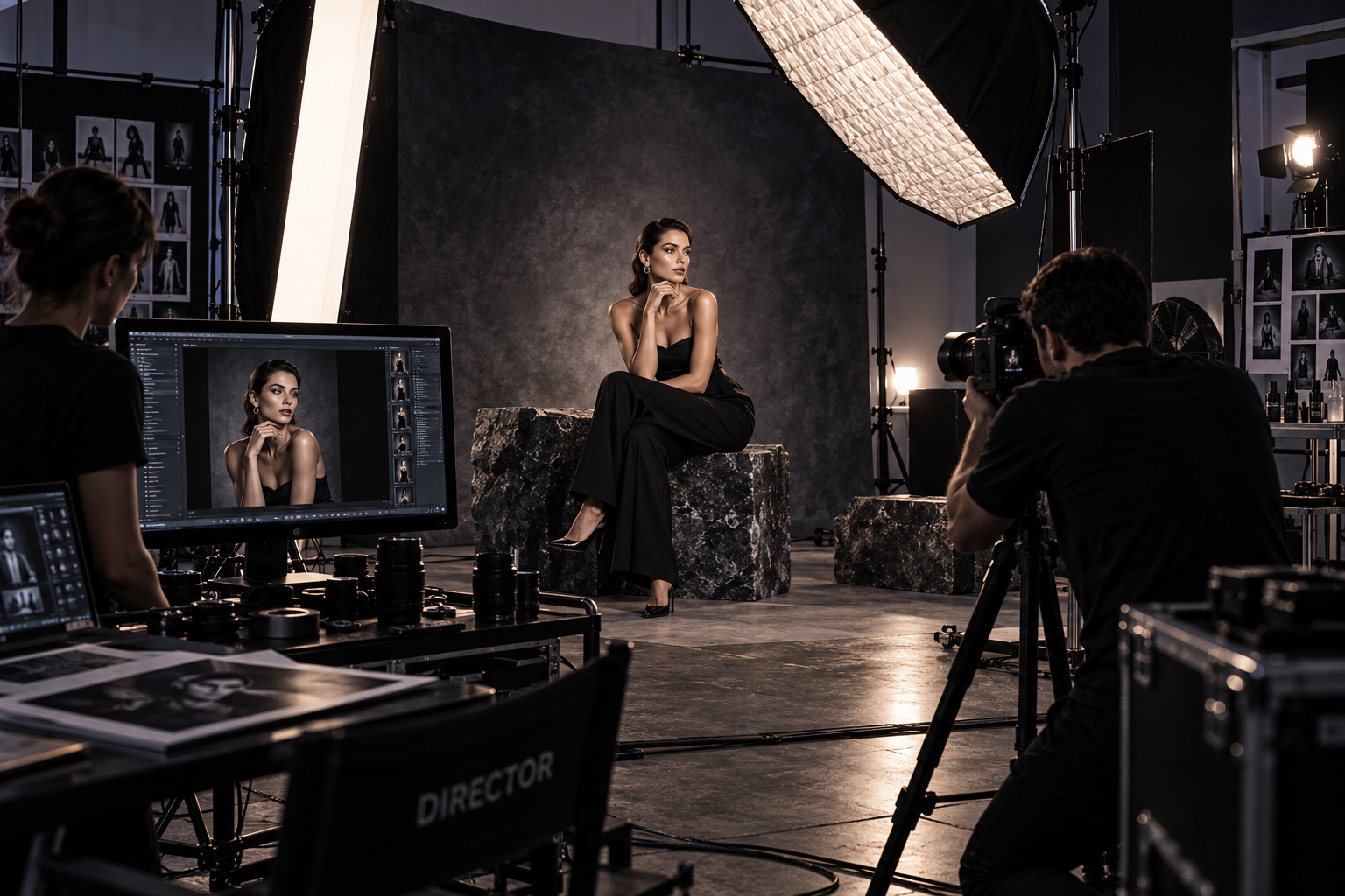 Professional editorial fashion photography studio showing a seated female model, photographer, assistant, lighting equipment, camera systems, and live image review during a controlled portrait session.