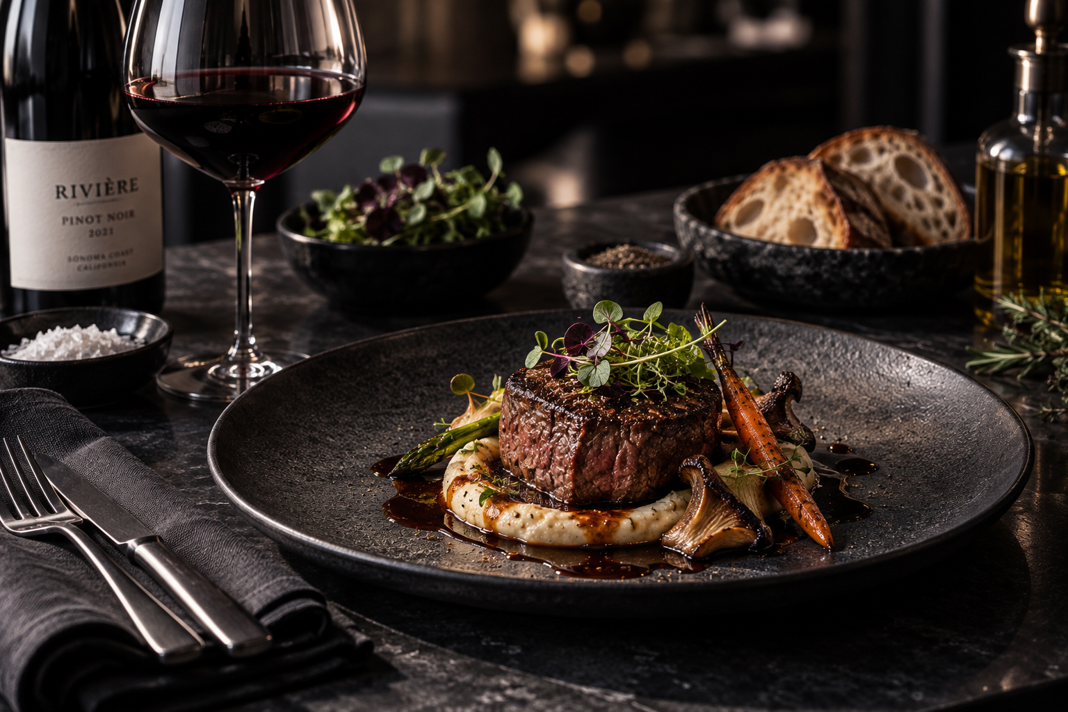 Professional fine dining food photography showing a plated steak with vegetables, red wine, artisan bread, herbs, and premium table styling in a dark restaurant setting.