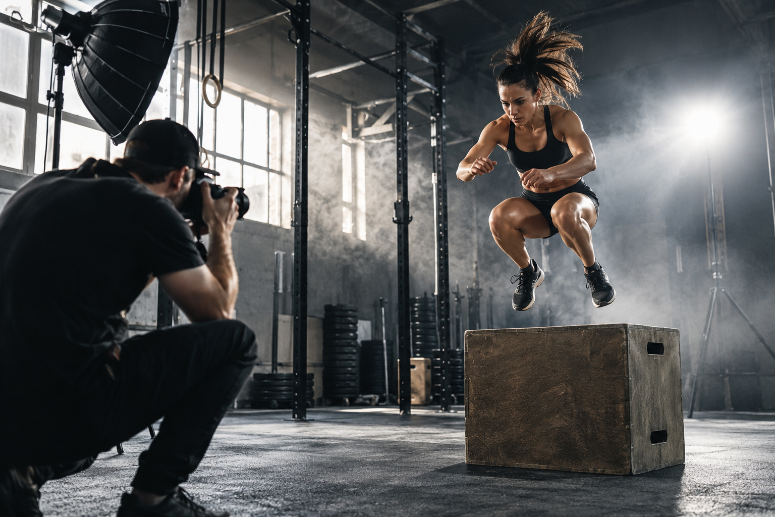 Professional fitness photography showing a female athlete performing a dynamic box jump in a gym while a photographer captures the action under controlled lighting.